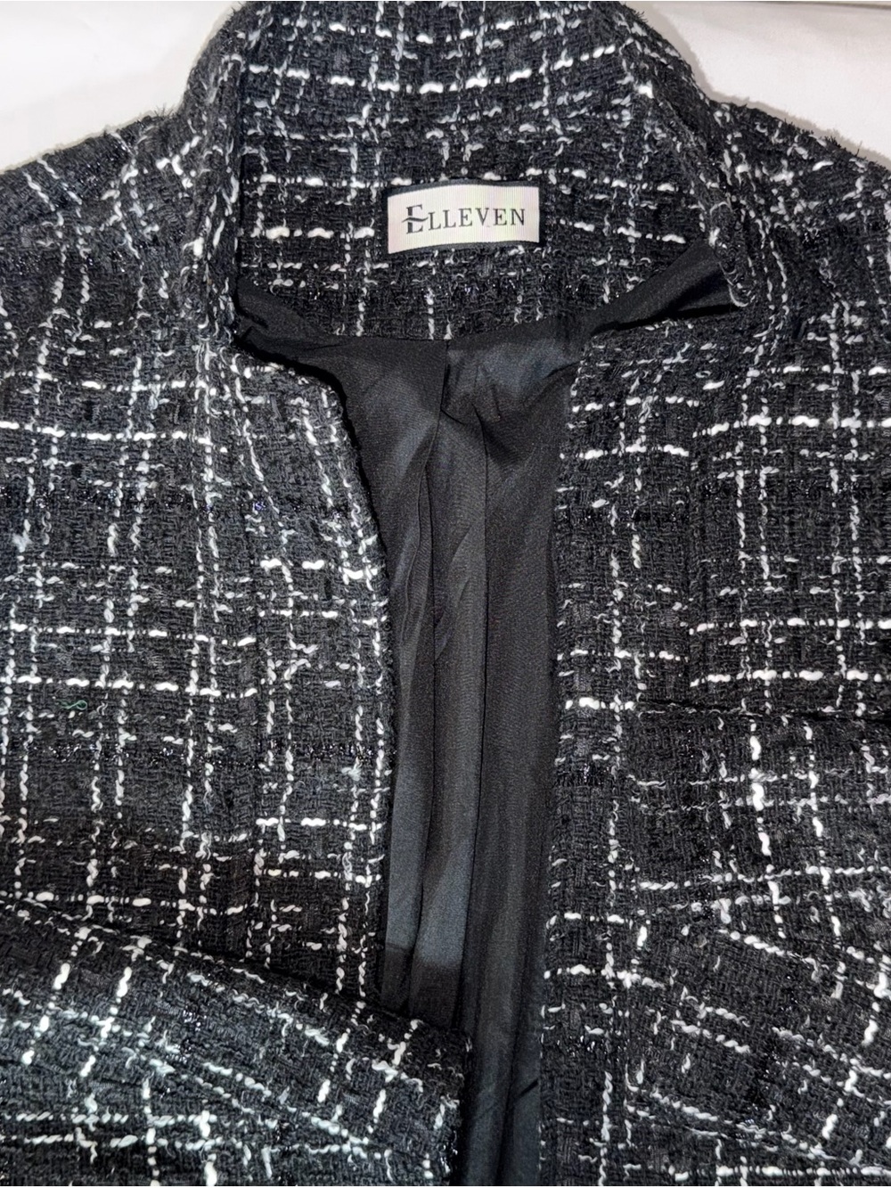 ELLEVEN Black White Plaid Open Front Lined Pocket Jacket Long Sleeve Size L